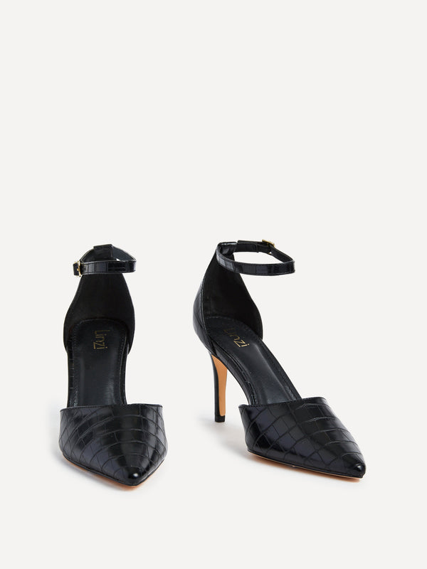 Linzi Black Croc Faux Leather Stiletto Court Heel With Ankle Strap