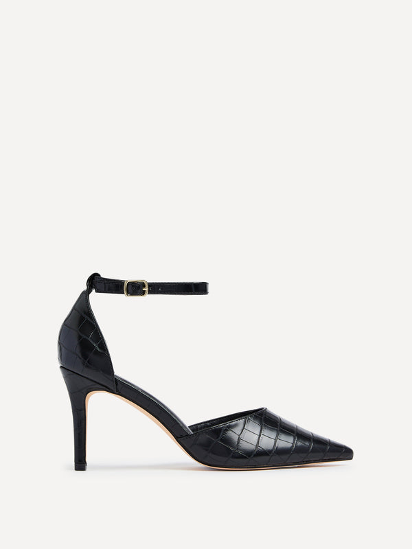 linzi Black Croc Faux Leather Stiletto Court Heel With Ankle Strap