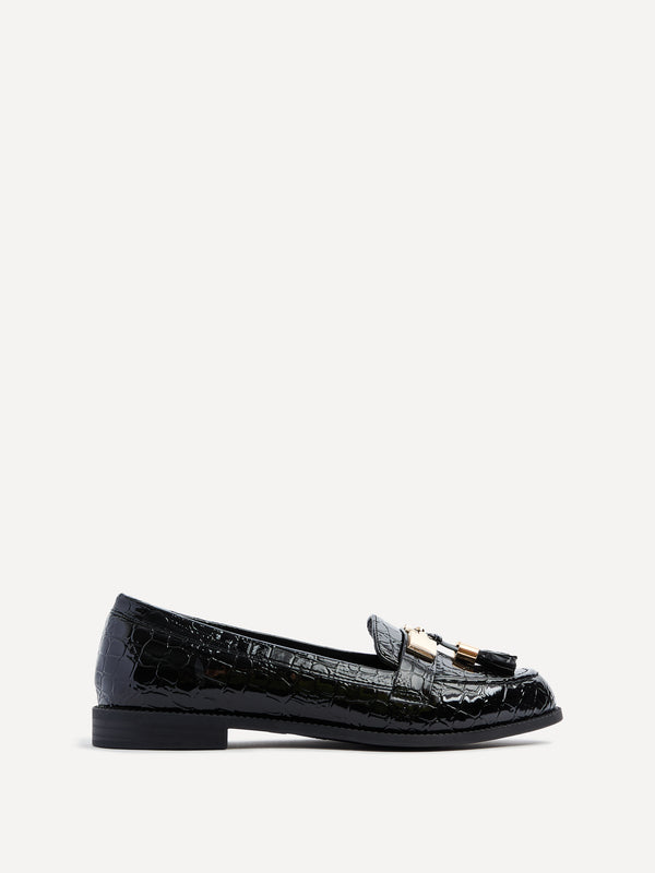 Linzi Black Croc Patent Classic Loafer With Gold Bar & Tassel Detail