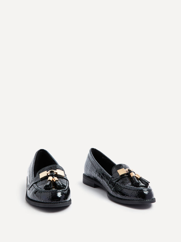 Linzi Black Croc Patent Classic Loafer With Gold Bar & Tassel Detail