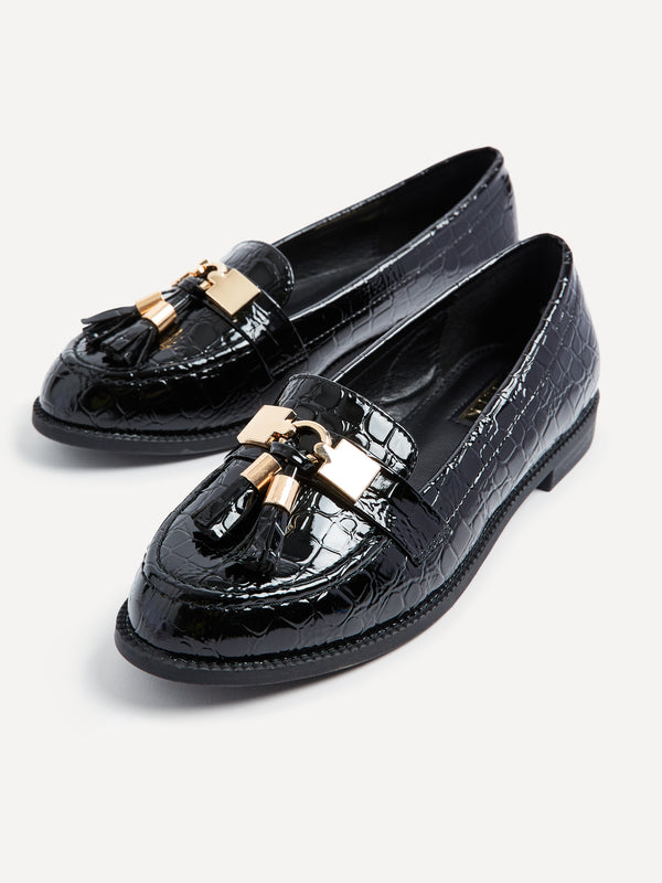 Linzi Black Croc Patent Classic Loafer With Gold Bar & Tassel Detail