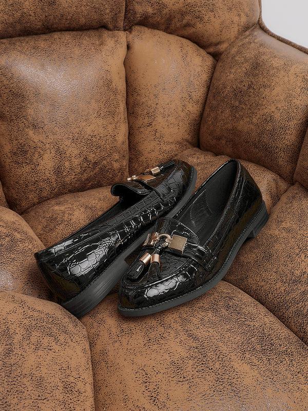 linzi Black Croc Patent Classic Loafer with Gold Bar & Tassel Detail