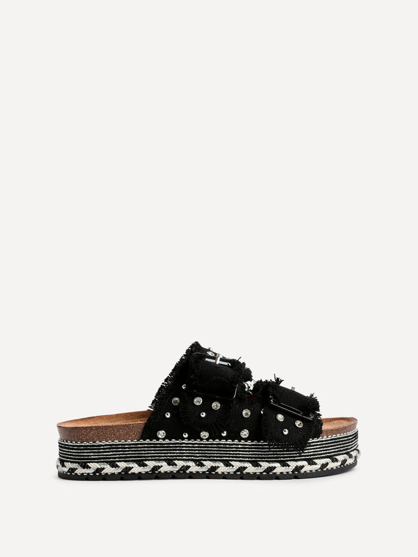 Linzi Black Diamante Studded Double Buckle Flatform Slider Sandal
