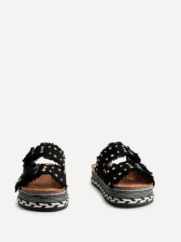 Linzi Black Diamante Studded Double Buckle Flatform Slider Sandal