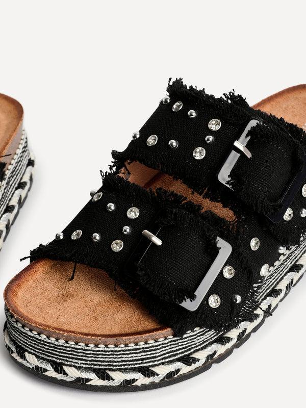 Linzi Black Diamante Studded Double Buckle Flatform Slider Sandal