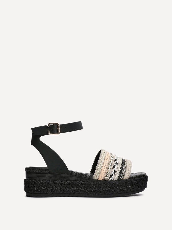 Linzi Black Embellished Woven Espadrille Inspired Flatform