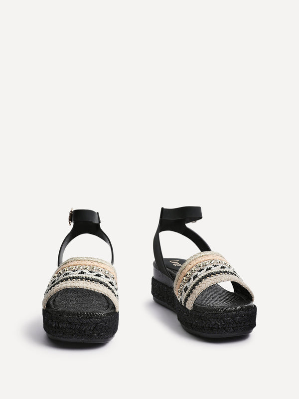 Linzi Black Embellished Woven Espadrille Inspired Flatform
