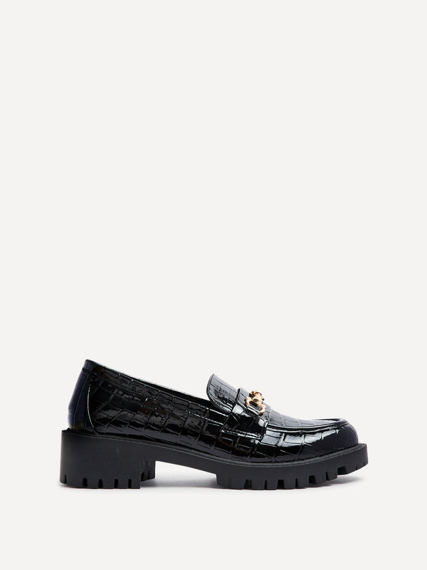 Linzi Black Faux Croc Leather Chunky Sole Loafer With Gold Trim