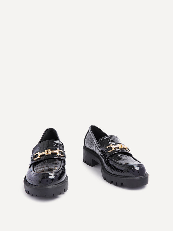 Linzi Black Faux Croc Leather Chunky Sole Loafer With Gold Trim
