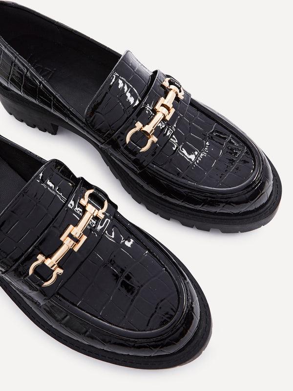 Linzi Black Faux Croc Leather Chunky Sole Loafer With Gold Trim