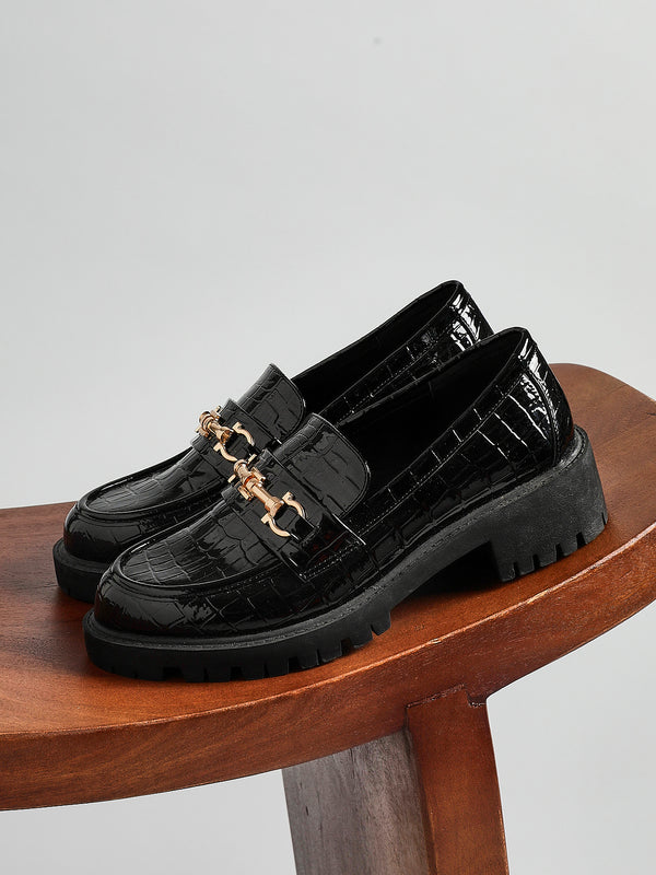 linzi Black Faux Croc Leather Chunky Sole Loafer With Gold Trim