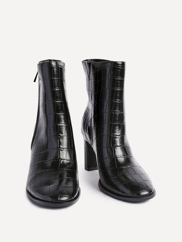 Linzi Black Faux Croc Patent Leather Block Heel Ankle Boot