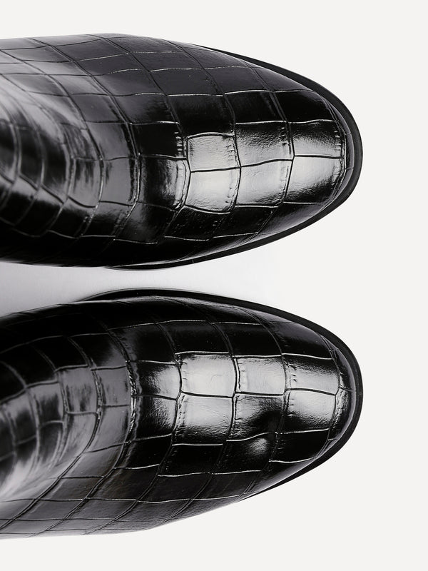 Linzi Black Faux Croc Patent Leather Block Heel Ankle Boot