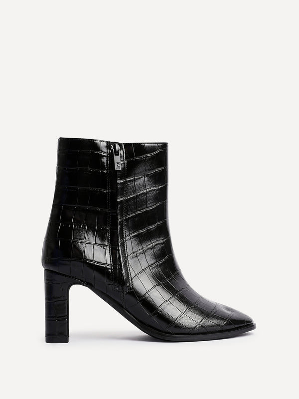 Linzi Black Faux Croc Patent Leather Block Heel Ankle Boot