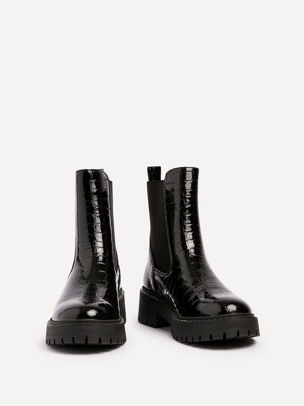 Linzi Black Faux Croc Patent Leather Chunky Ankle Boot