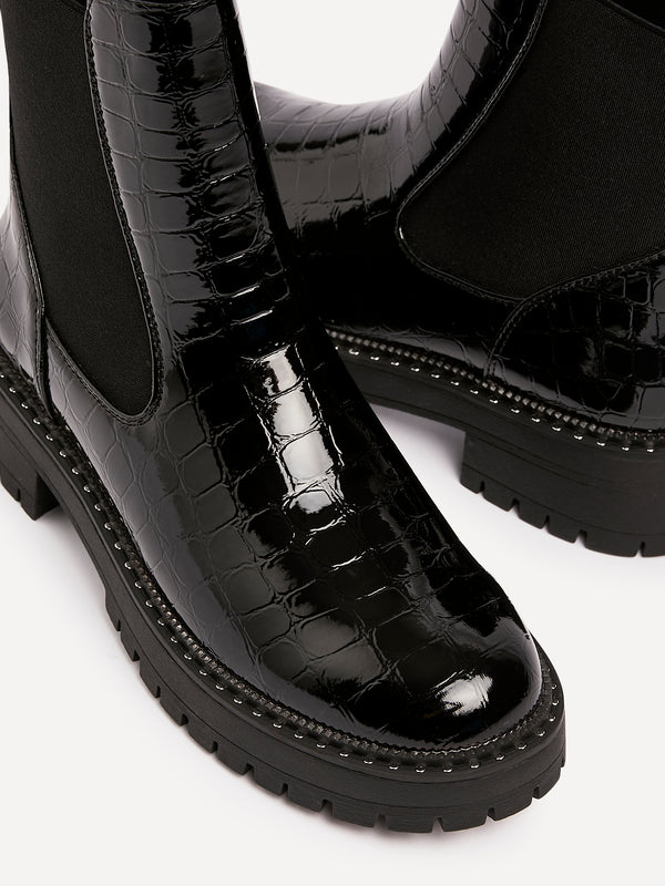 Linzi Black Faux Croc Patent Leather Chunky Ankle Boot
