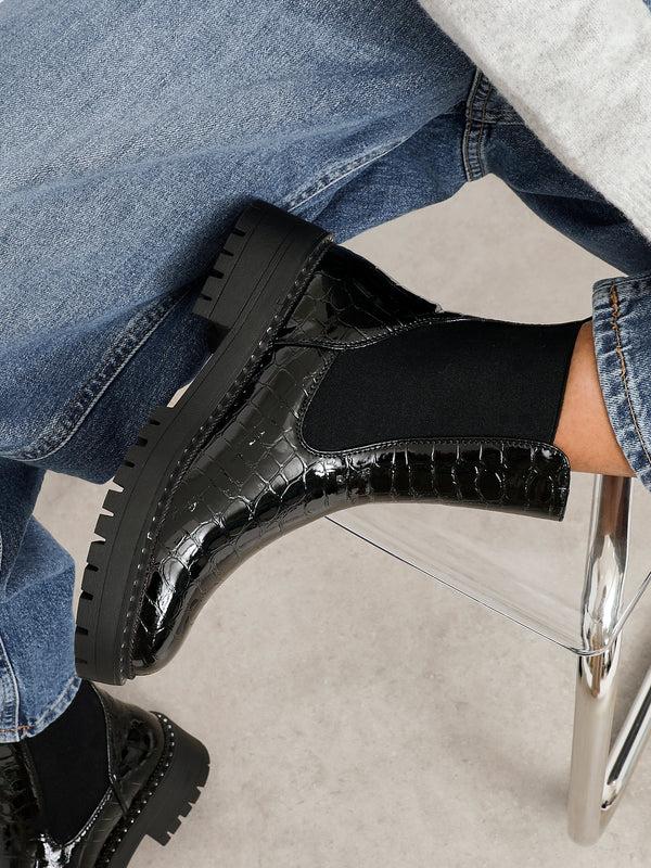 linzi Black Faux Croc Patent Leather Chunky Ankle Boot