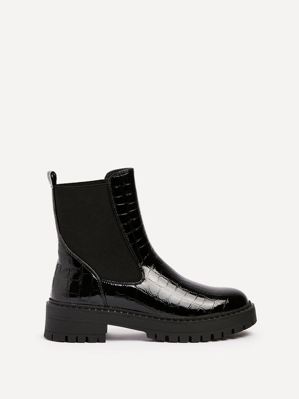 Linzi Black Faux Croc Patent Leather Chunky Ankle Boot