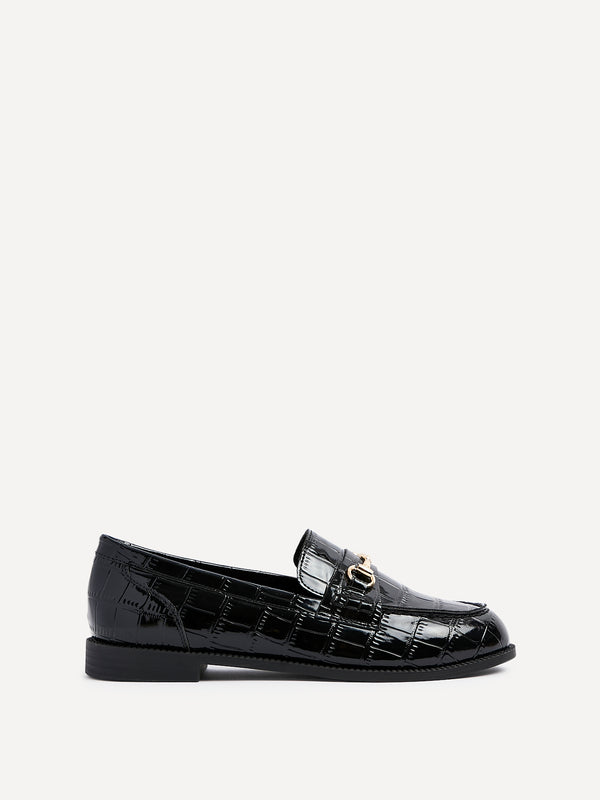 Linzi Black Faux Croc Patent Leather Loafer With Buckle Detail