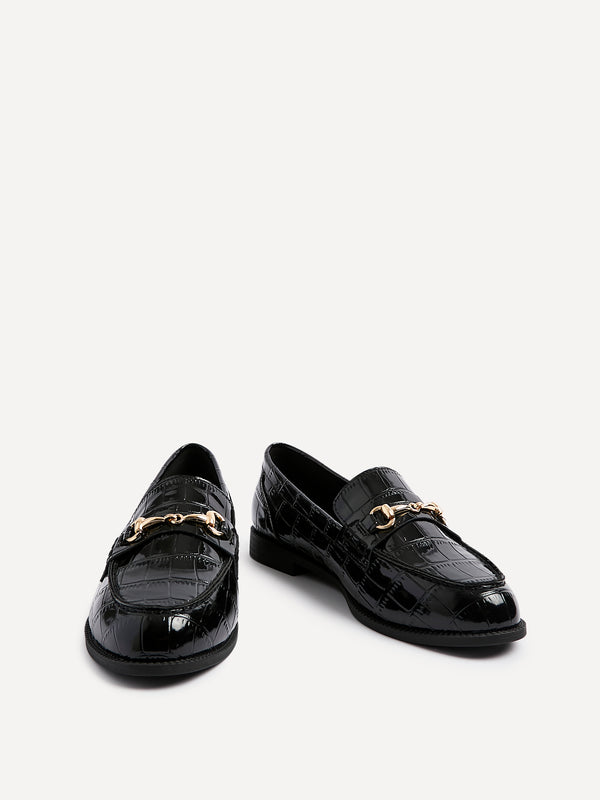 Linzi Black Faux Croc Patent Leather Loafer With Buckle Detail