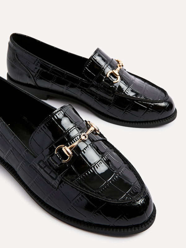 Linzi Black Faux Croc Patent Leather Loafer With Buckle Detail