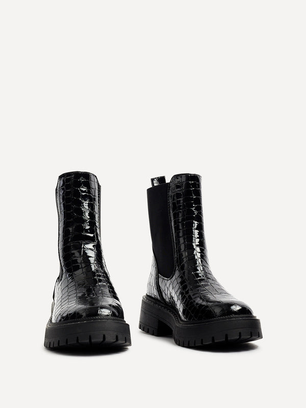 Linzi Black Faux Croc Patent Leather Silver Stud Detail Sole Chelsea Boot