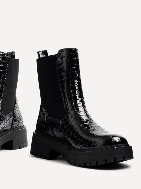 Linzi Black Faux Croc Patent Leather Silver Stud Detail Sole Chelsea Boot