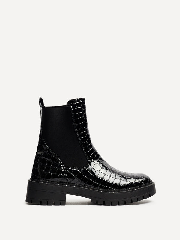Linzi Black Faux Croc Patent Leather Silver Stud Detail Sole Chelsea Boot