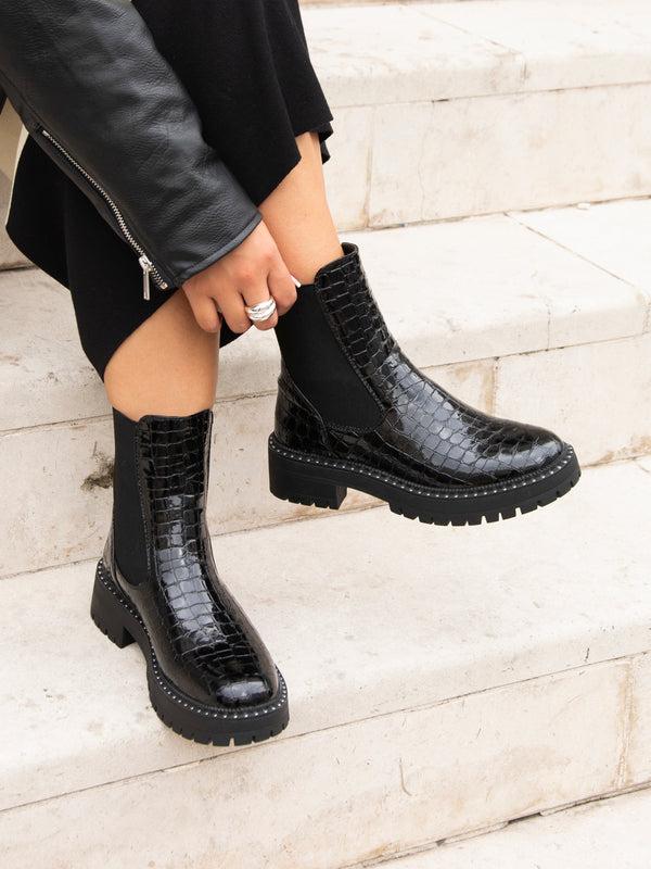 linzi Black Faux Croc Patent Leather Silver Stud Detail Sole Chelsea Boot