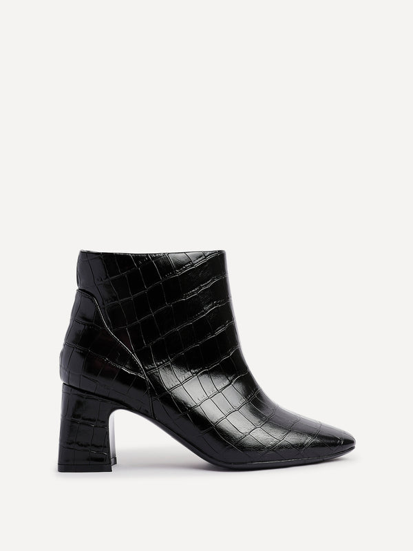 Linzi Black Faux Croc Patent Leather Soft Square Toe Block Heel Ankle Boot