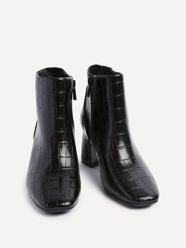 Linzi Black Faux Croc Patent Leather Soft Square Toe Block Heel Ankle Boot