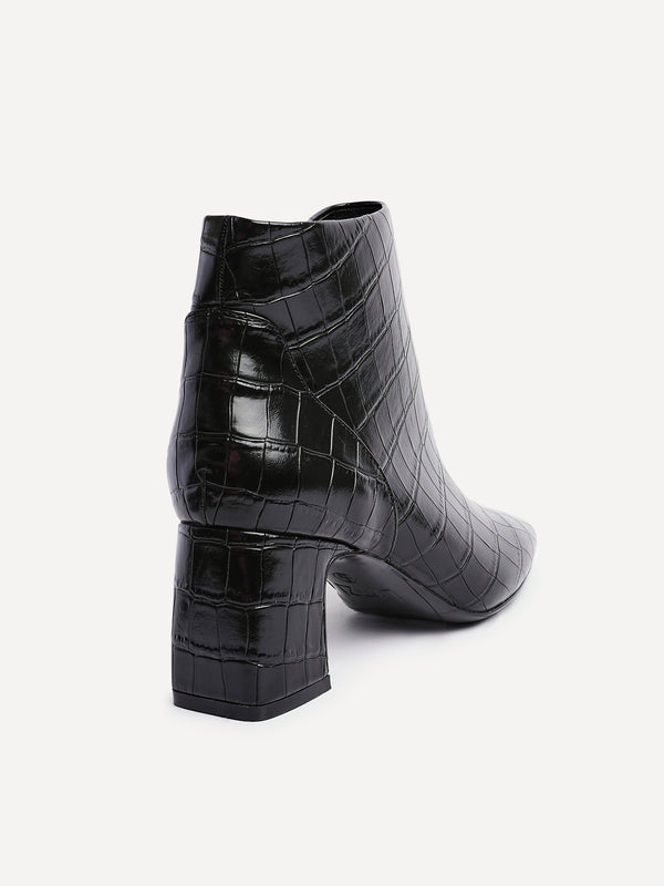 Linzi Black Faux Croc Patent Leather Soft Square Toe Block Heel Ankle Boot