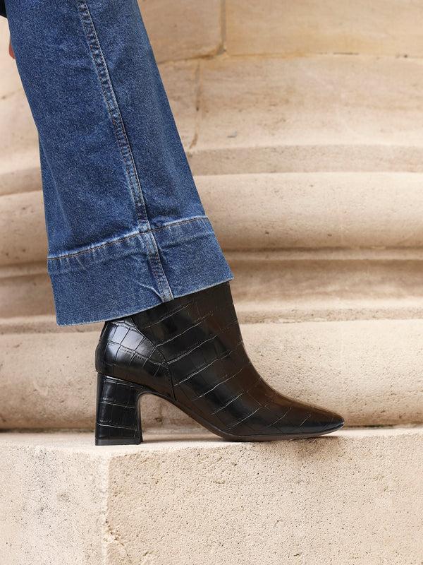 linzi Black Faux Croc Patent Leather Soft Square Toe Block Heel Ankle Boot