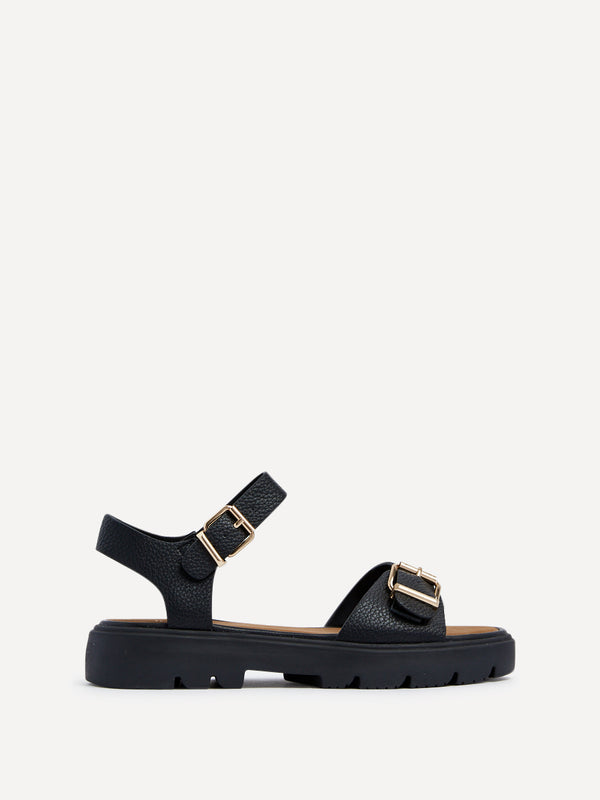 Linzi Black Faux Grain Leather Chunky Sandal With Buckle Detail