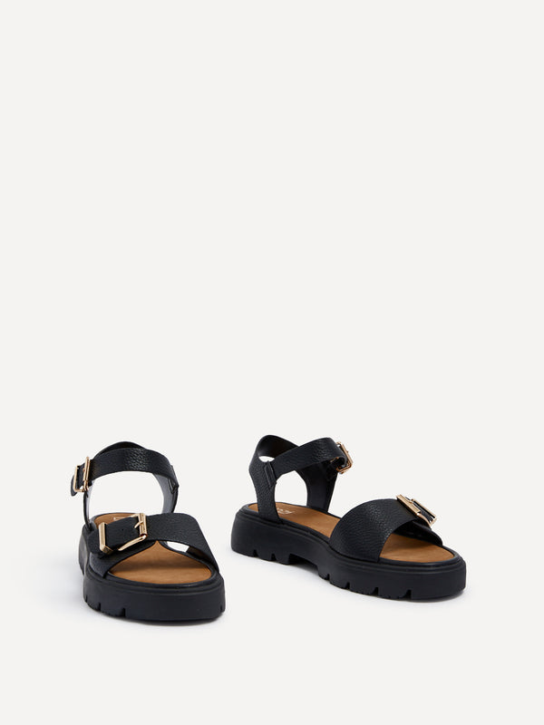 Linzi Black Faux Grain Leather Chunky Sandal With Buckle Detail