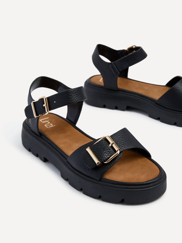 Linzi Black Faux Grain Leather Chunky Sandal With Buckle Detail