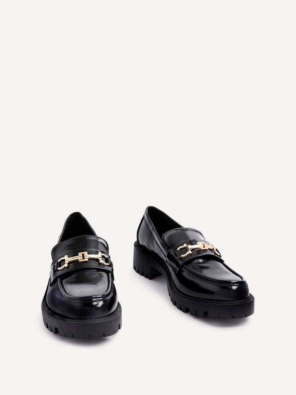 Linzi Black Faux High Shine Leather Chunky Sole Loafer With Gold Trim
