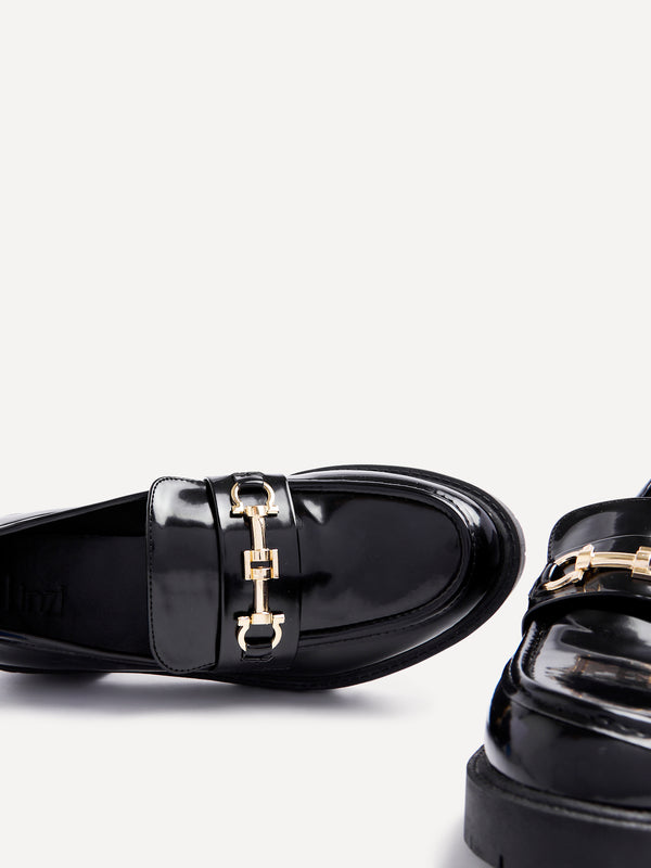 Linzi Black Faux High Shine Leather Chunky Sole Loafer With Gold Trim