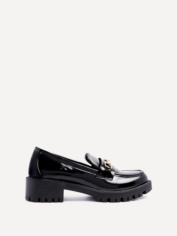 Linzi Black Faux High Shine Leather Chunky Sole Loafer With Gold Trim