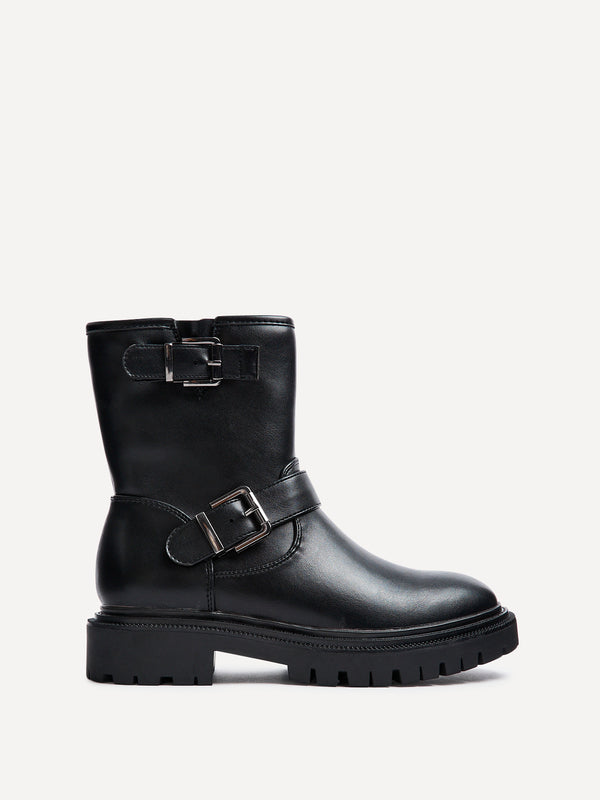 Linzi Black Faux Leather Biker Style Boot With Buckle Detail