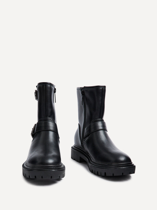 Linzi Black Faux Leather Biker Style Boot With Buckle Detail