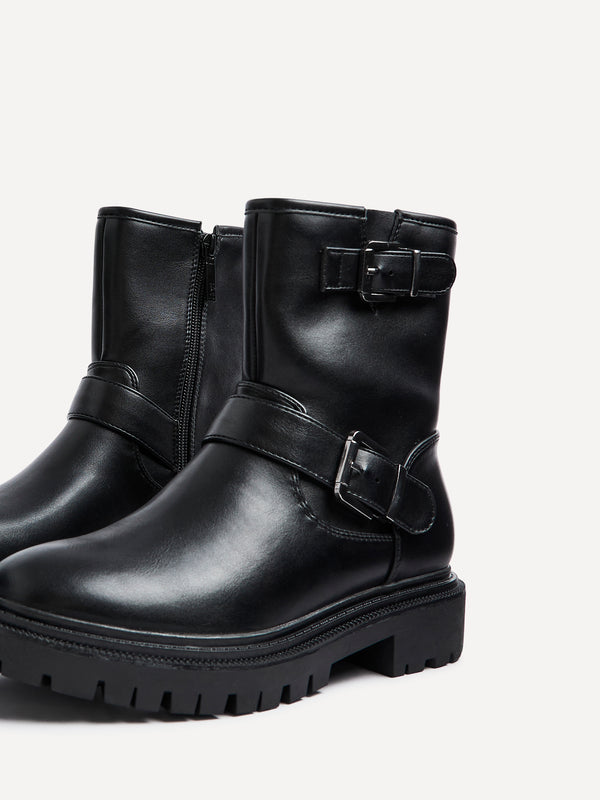Linzi Black Faux Leather Biker Style Boot With Buckle Detail