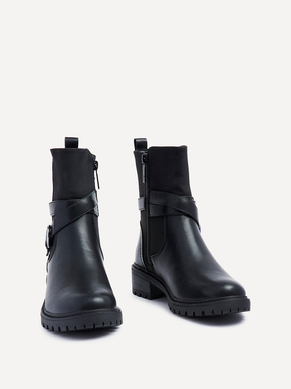 Linzi Black Faux Leather Chunky Boot With Buckle Detail