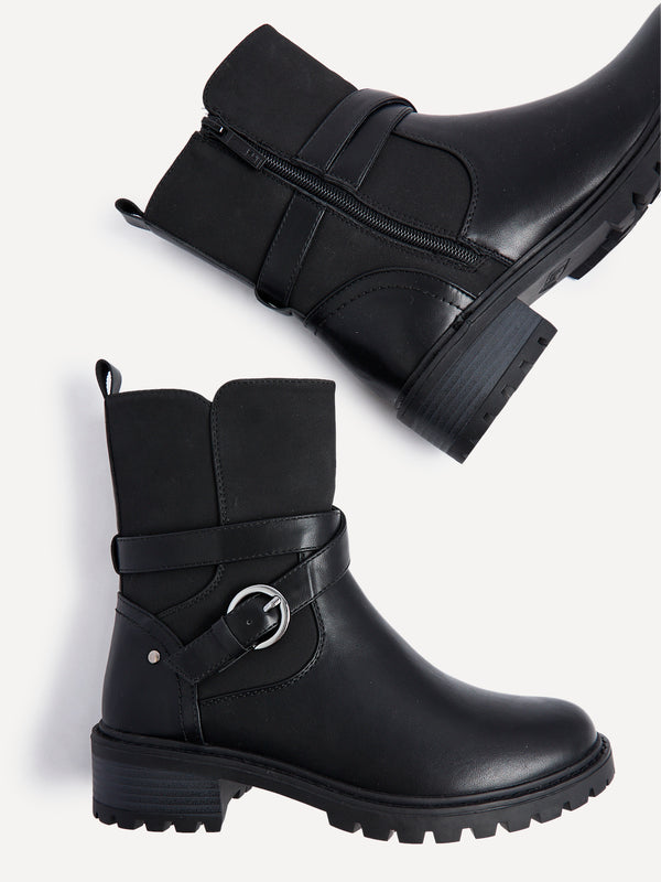 Linzi Black Faux Leather Chunky Boot With Buckle Detail