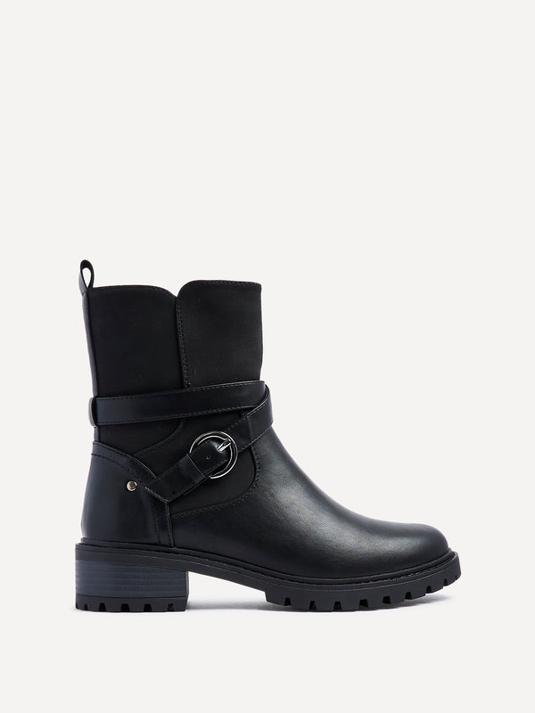 Linzi Black Faux Leather Chunky Boot With Buckle Detail