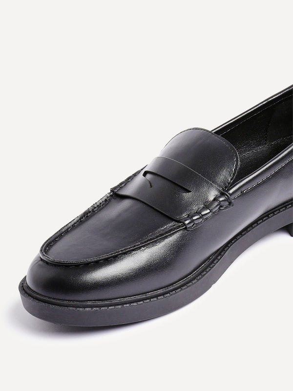 Linzi Black Faux Leather Classic Loafer With Front Tab