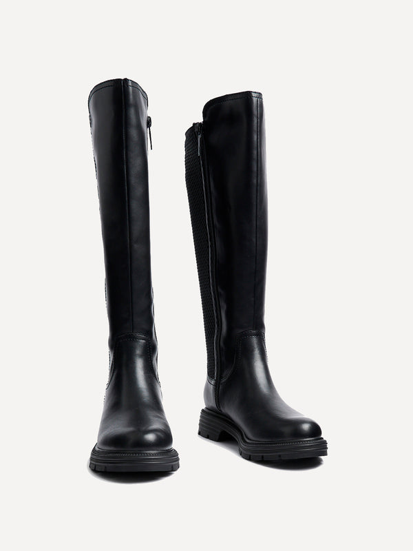 Linzi Black Faux Leather Classic Riding Boot With Waffle Stretch Back