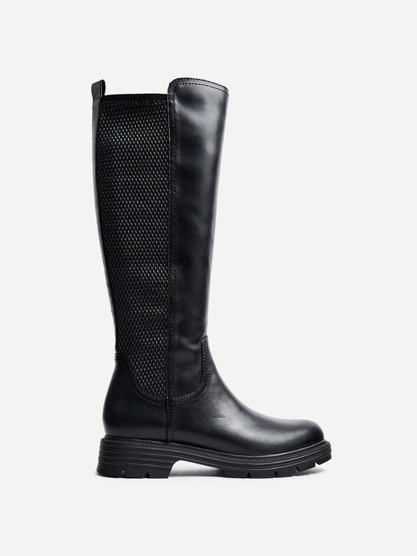 Linzi Black Faux Leather Classic Riding Boot With Waffle Stretch Back