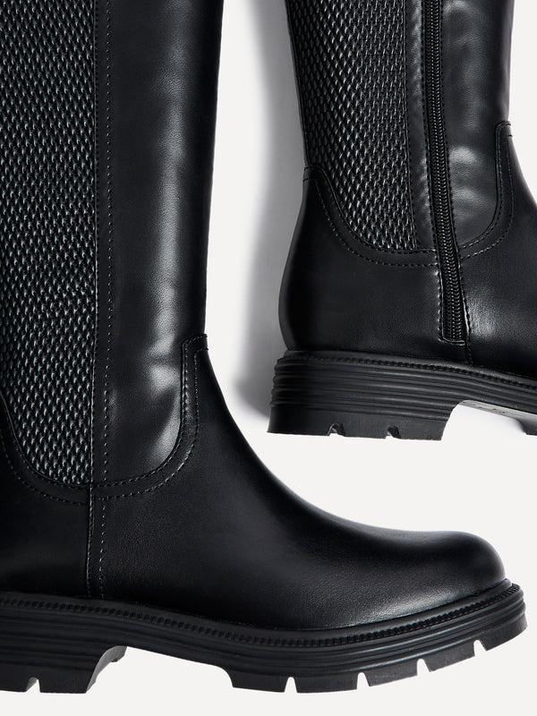 Linzi Black Faux Leather Classic Riding Boot With Waffle Stretch Back