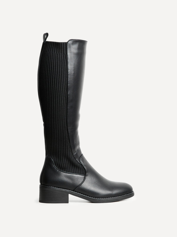 Linzi Black Faux Leather Classic Riding Style Boot With Elasticated Back Panel